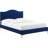 Juniper Full Platform Bed in Channel Tufted Navy Blue Velvet w/ Gold Metal Legs