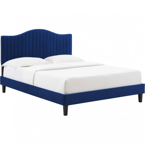 Juniper Full Platform Bed in Channel Tufted Navy Blue Velvet w/ Black Wood Legs