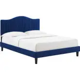 Juniper Full Platform Bed in Channel Tufted Navy Blue Velvet w/ Black Wood Legs