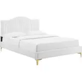 Juniper King Platform Bed in Channel Tufted White Velvet w/ Gold Metal Legs