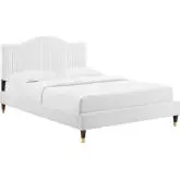 Juniper King Platform Bed in Channel Tufted White Velvet w/ Gold Capped Wood Legs