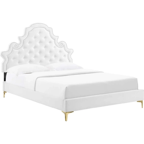 Gwyneth Queen Platform Bed in Tufted White Velvet w/ Gold Metal Legs