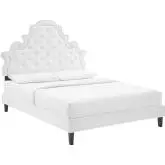 Gwyneth Queen Platform Bed in Tufted White Velvet w/ Black Wood Legs