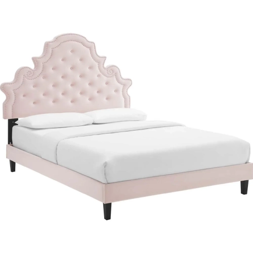 Gwyneth Twin Platform Bed in Tufted Pink Velvet w/ Black Wood Legs