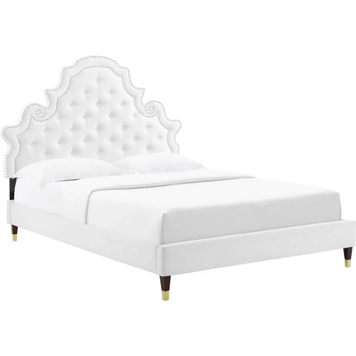 Gwyneth Full Platform Bed in Tufted White Velvet w/ Gold Capped Wood Legs