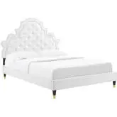 Gwyneth Full Platform Bed in Tufted White Velvet w/ Gold Capped Wood Legs