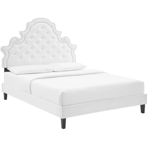 Gwyneth Full Platform Bed in Tufted White Velvet w/ Black Wood Legs