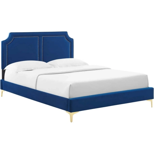 Novi Twin Bed in Navy Blue Performance Velvet w/ Nailhead