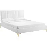 Peyton Full Platform Bed in Channel Tufted White Velvet w/ Gold Metal Legs