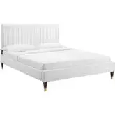 Peyton Full Platform Bed in Channel Tufted White Velvet w/ Gold Capped Wood Legs