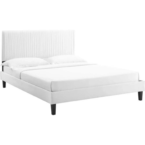 Peyton Full Platform Bed in Channel Tufted White Velvet w/ Black Wood Legs