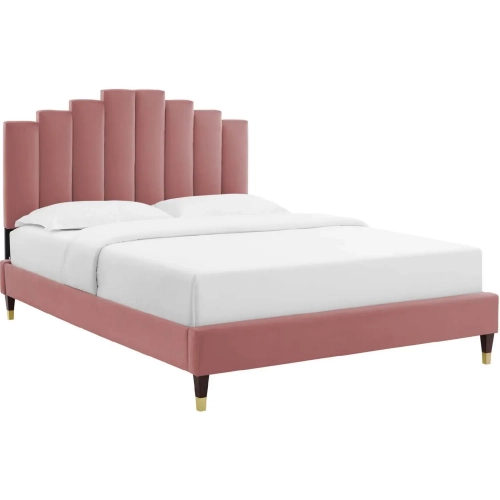 Elise King Platform Bed in Tufted Dusty Rose Velvet & Wood Legs