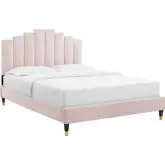 Elise King Platform Bed in Tufted Pink Velvet & Wood Legs