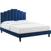 Elise King Platform Bed in Tufted Navy Blue Velvet & Black Legs