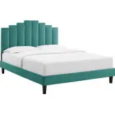 Elise King Platform Bed in Tufted Teal Blue Velvet & Black Legs