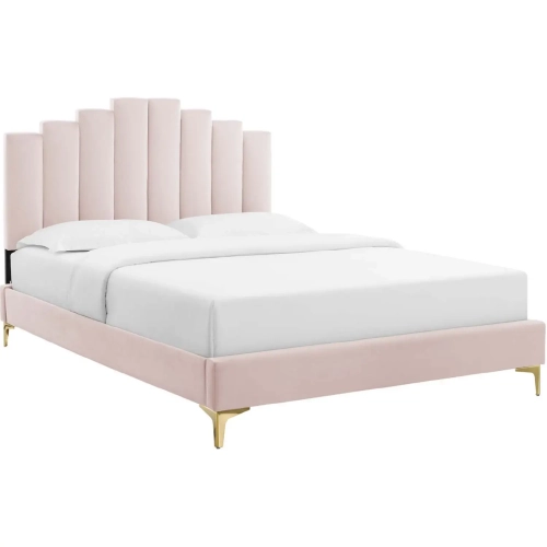 Elise King Platform Bed in Tufted Pink Velvet & Gold Legs