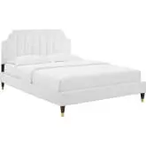 Sienna Full Platform Bed in Vertical Tufted White Velvet w/ Gold Capped Wood Legs