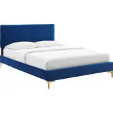 Phillipa King Platform Bed in Navy Blue Velvet w/ Gold Metal Legs