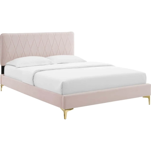 Phillipa King Platform Bed in Pink Velvet w/ Gold Metal Legs