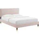 Phillipa King Platform Bed in Pink Velvet w/ Gold Capped Wood Legs