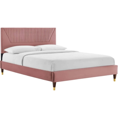 Yasmine Queen Platform Bed in Channel Tufted Dusty Rose Velvet & Wood