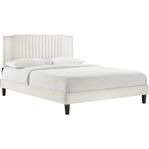 Zahra Queen Platform Bed in Channel Tufted White Velvet & Black