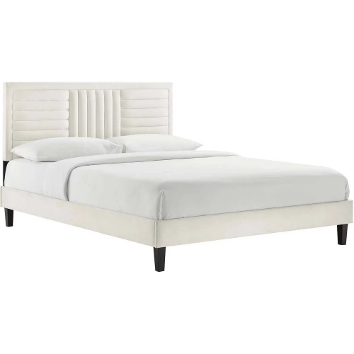 Sofia Queen Platform Bed in Channel Tufted White Velvet & Black