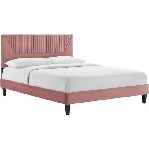 Yasmine Queen Platform Bed in Channel Tufted Dusty Rose Velvet & Black