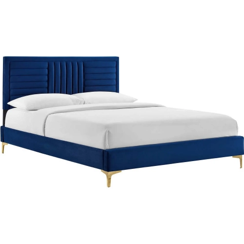 Sofia Queen Platform Bed in Channel Tufted Navy Blue Velvet & Gold