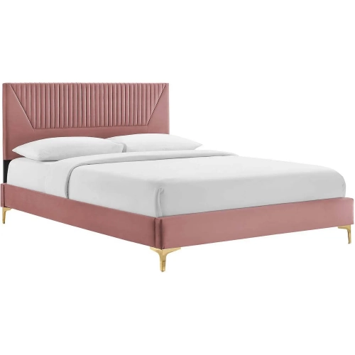 Yasmine Queen Platform Bed in Channel Tufted Dusty Rose Velvet & Gold