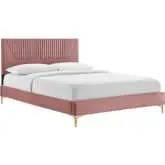 Yasmine Queen Platform Bed in Channel Tufted Dusty Rose Velvet & Gold