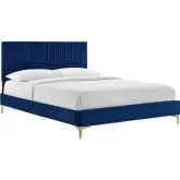 Yasmine Queen Platform Bed in Channel Tufted Navy Blue Velvet & Gold