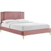 Zahra Twin Platform Bed in Channel Tufted Dusty Rose Velvet & Gold