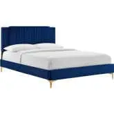 Zahra Twin Platform Bed in Channel Tufted Navy Blue Velvet & Gold