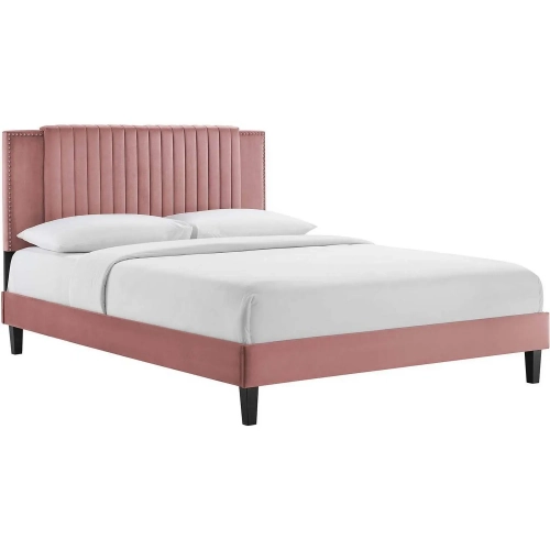 Zahra Twin Platform Bed in Channel Tufted Dusty Rose Velvet & Black