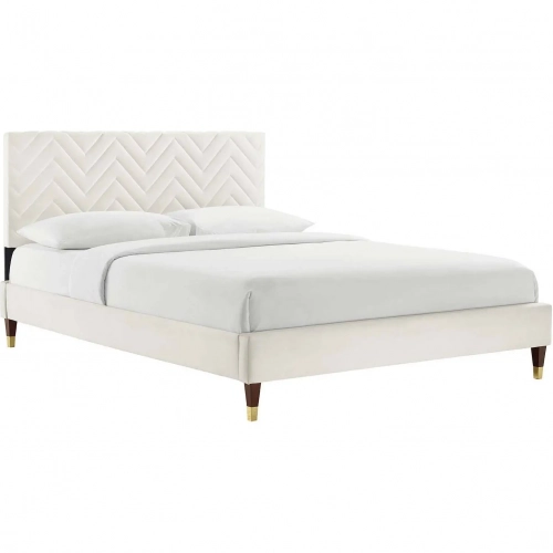 Leah Full Platform Bed in Chevron Tufted White Velvet