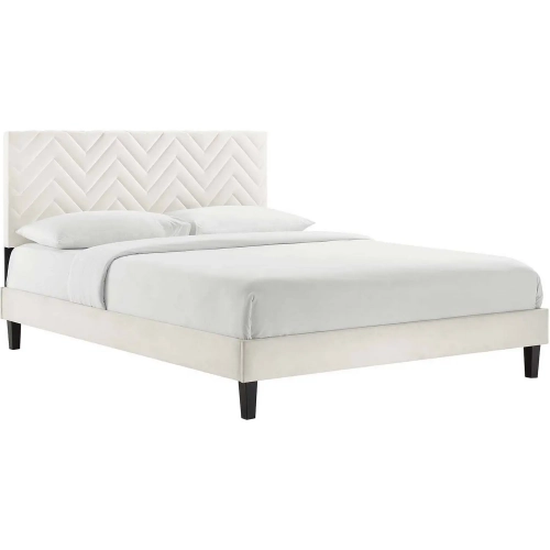 Leah Full Platform Bed in Chevron Tufted White Velvet