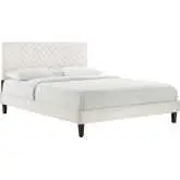 Leah Full Platform Bed in Chevron Tufted White Velvet