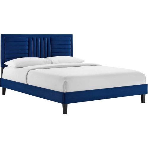 Sofia Full Platform Bed in Channel Tufted Navy Blue Velvet & Black