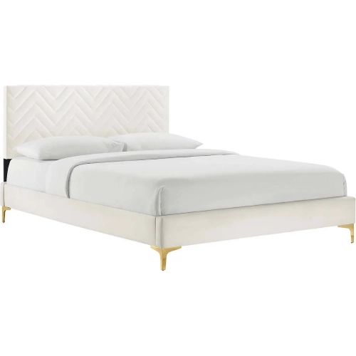 Leah King Platform Bed in Chevron Tufted White Velvet