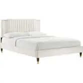 Zahra King Platform Bed in Channel Tufted White Velvet & Wood