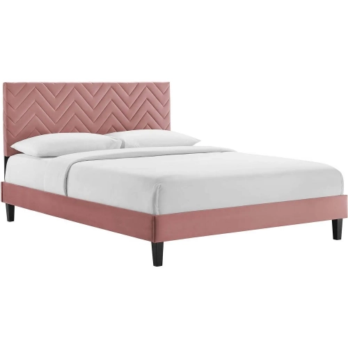 Leah King Platform Bed in Chevron Tufted Dusty Rose Velvet