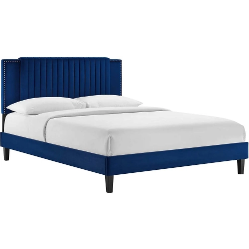 Zahra King Platform Bed in Channel Tufted Navy Blue Velvet & Black