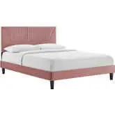 Yasmine King Platform Bed in Channel Tufted Dusty Rose Velvet & Black