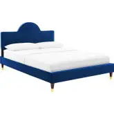 Aurora Full Bed in Navy Blue Velvet w/ Gold Capped Wood Legs