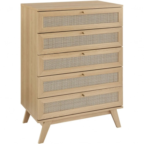 Soma 5 Drawer Chest in Oak Finish & Rattan