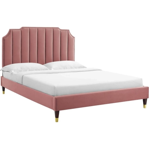 Colette King Platform Bed in Channel Tufted Dusty Rose Velvet & Wood