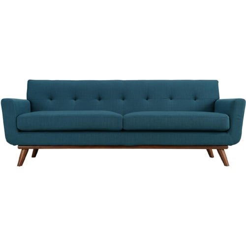 Engage Sofa in Tufted Azure Fabric w/ Cherry Wood Legs