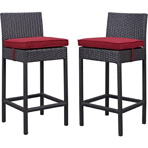 Lift Outdoor Patio Bar Stool in Espresso Poly Rattan w/ Red Cushions (Set of 2)