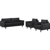 Empress Sofa & 2 Armchair Set in Tufted Black Leather